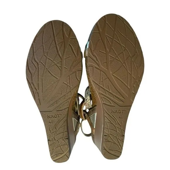 NAOT Hero Sandals Gold Floral Brown Leather Low Wedge Strappy 10