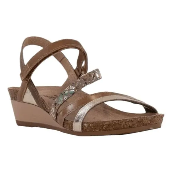 NAOT Hero Sandals Gold Floral Brown Leather Low Wedge Strappy 10