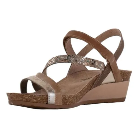 NAOT Hero Sandals Gold Floral Brown Leather Low Wedge Strappy 10