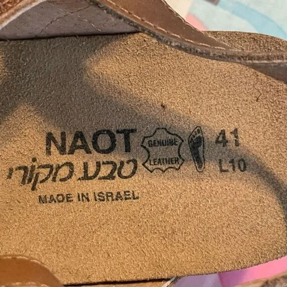 NAOT Hero Sandals Gold Floral Brown Leather Low Wedge Strappy 10
