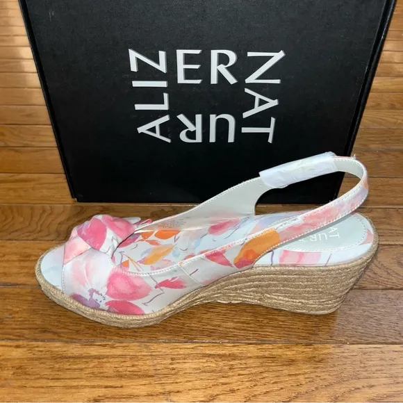 Naturalizer White &amp; Floral Bettina Wedge Sandals Peep Toe Sling Back Women’s 12