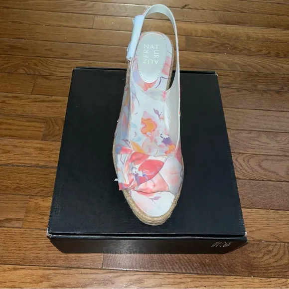 Naturalizer White &amp; Floral Bettina Wedge Sandals Peep Toe Sling Back Women’s 12