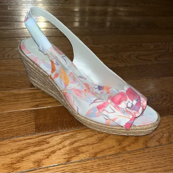 Naturalizer White &amp; Floral Bettina Wedge Sandals Peep Toe Sling Back Women’s 12