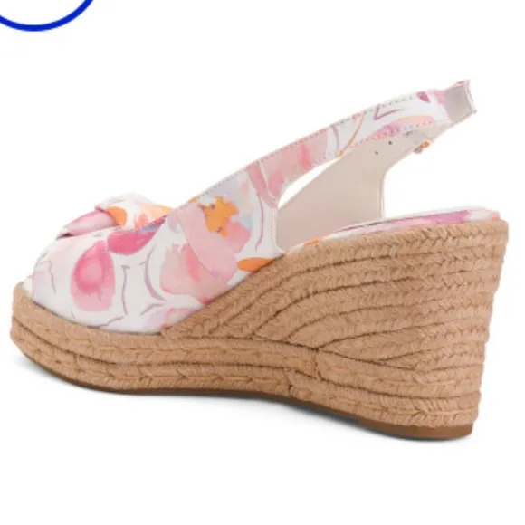 Naturalizer White &amp; Floral Bettina Wedge Sandals Peep Toe Sling Back Women’s 12