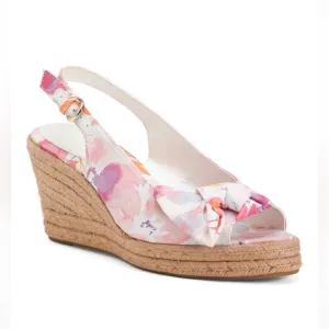 Naturalizer White &amp; Floral Bettina Wedge Sandals Peep Toe Sling Back Women’s 12