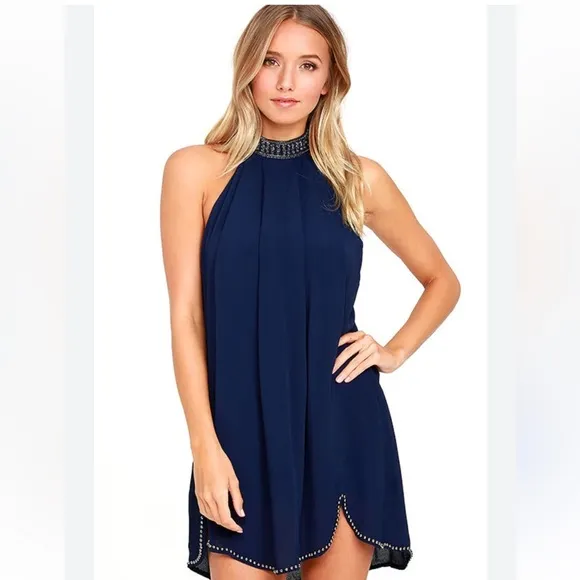 NBD Navy Blue Halter Mini Dress Open Back Studded Trim Y2K Party Dress Trendy S