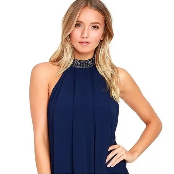 NBD Navy Blue Halter Mini Dress Open Back Studded Trim Y2K Party Dress Trendy S