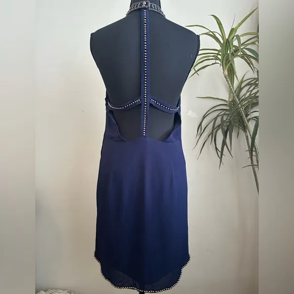 NBD Navy Blue Halter Mini Dress Open Back Studded Trim Y2K Party Dress Trendy S