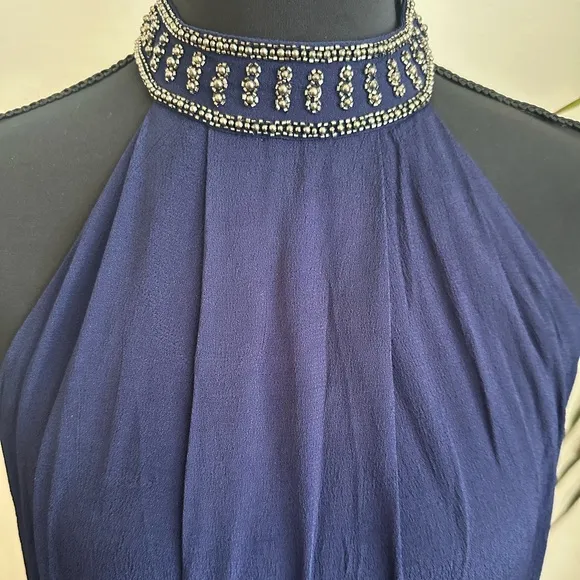 NBD Navy Blue Halter Mini Dress Open Back Studded Trim Y2K Party Dress Trendy S