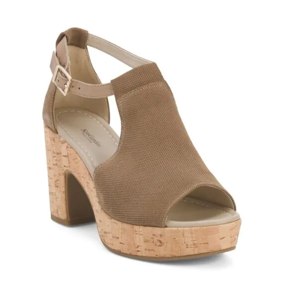 NEROGIARDINI Beige Made In Italy Suede Sculpted Cork Wedge Sandals