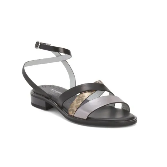NEROGIARDINI Black Multi Made In Italy Leather Animal Print Strappy Sandals