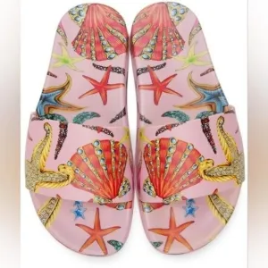 New 100% Versace Women's  ST Tresor De La Mer  Print Pool Slide Flip Flops Shoes