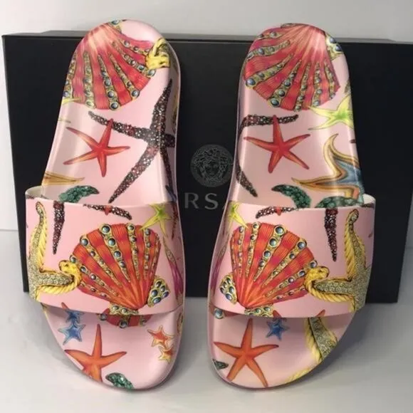 New 100% Versace Women's  ST Tresor De La Mer  Print Pool Slide Flip Flops Shoes