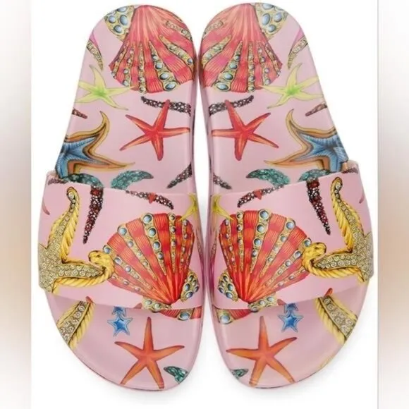 New 100% Versace Women's  ST Tresor De La Mer  Print Pool Slide Flip Flops Shoes