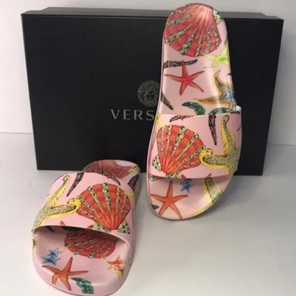 New 100% Versace Women's  ST Tresor De La Mer  Print Pool Slide Flip Flops Shoes