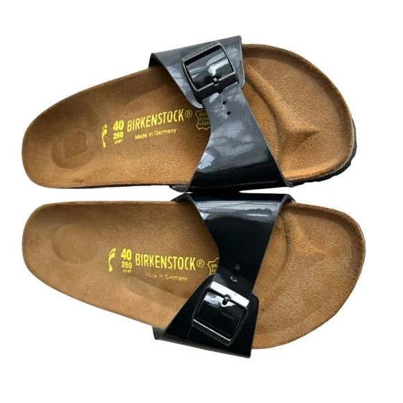 NEW Birkenstock Madrid Patent Leather Black Sandals Buckled Slides Women’s