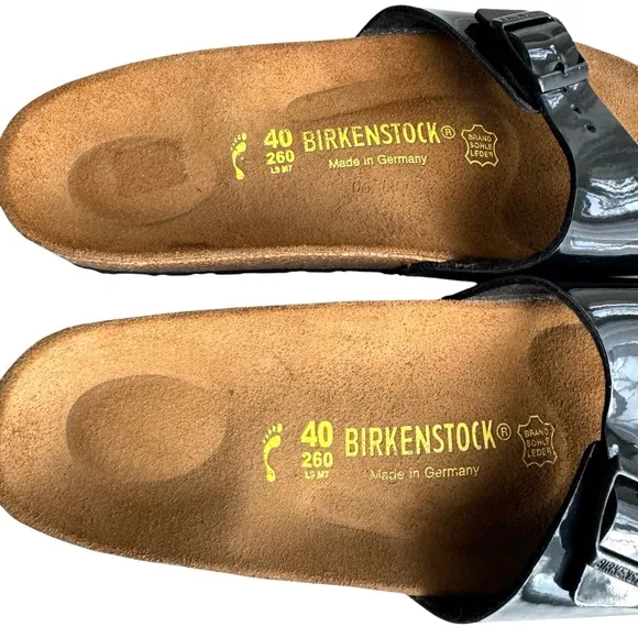 NEW Birkenstock Madrid Patent Leather Black Sandals Buckled Slides Women’s