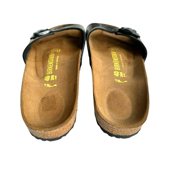 NEW Birkenstock Madrid Patent Leather Black Sandals Buckled Slides Women’s