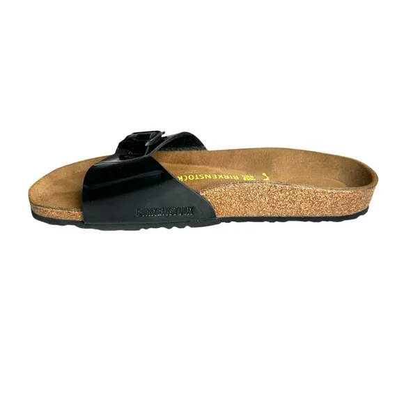 NEW Birkenstock Madrid Patent Leather Black Sandals Buckled Slides Women’s