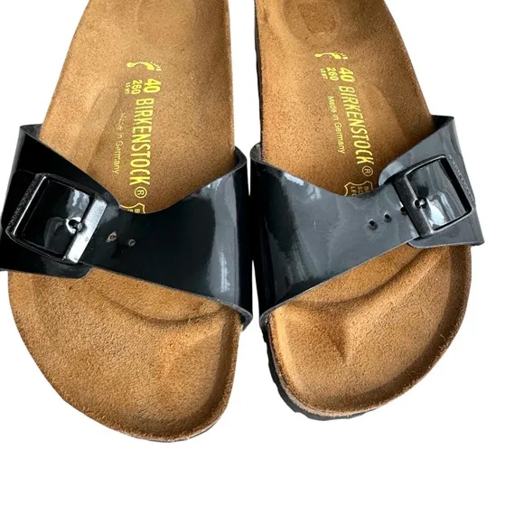 NEW Birkenstock Madrid Patent Leather Black Sandals Buckled Slides Women’s