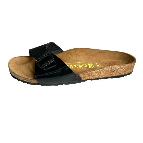 NEW Birkenstock Madrid Patent Leather Black Sandals Buckled Slides Women’s