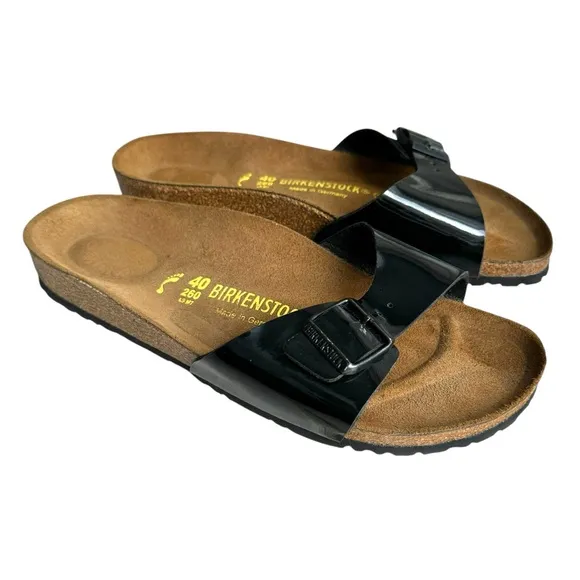 NEW Birkenstock Madrid Patent Leather Black Sandals Buckled Slides Women’s