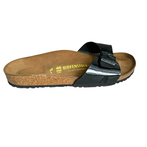 NEW Birkenstock Madrid Patent Leather Black Sandals Buckled Slides Women’s