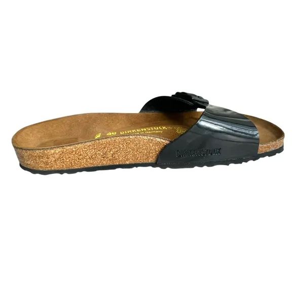 NEW Birkenstock Madrid Patent Leather Black Sandals Buckled Slides Women’s