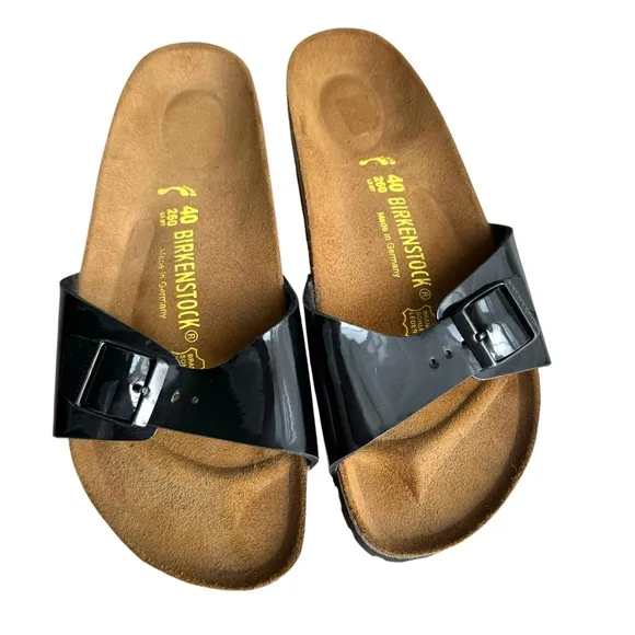 NEW Birkenstock Madrid Patent Leather Black Sandals Buckled Slides Women’s