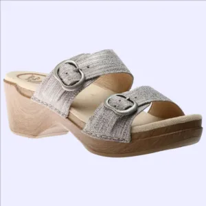 New Dansko Sophie Tan &amp; Metallic Grey Comfy Leather Slip On Clog Sandals Sz 9.5