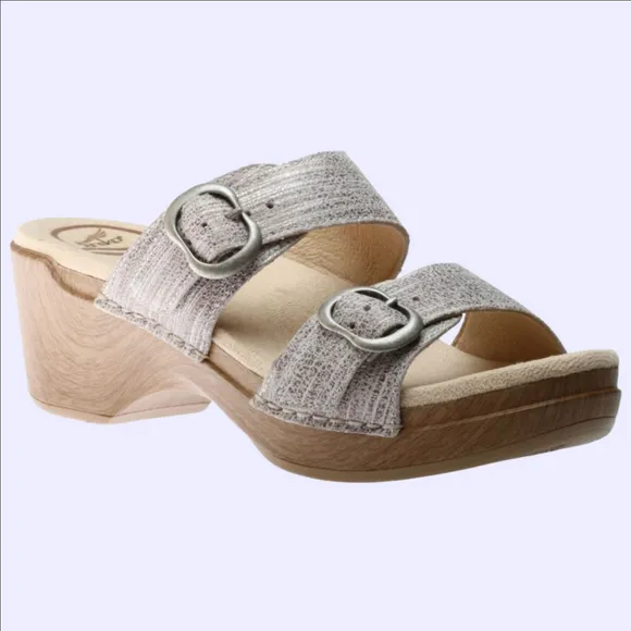 New Dansko Sophie Tan &amp; Metallic Grey Comfy Leather Slip On Clog Sandals Sz 9.5