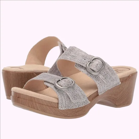New Dansko Sophie Tan &amp; Metallic Grey Comfy Leather Slip On Clog Sandals Sz 9.5