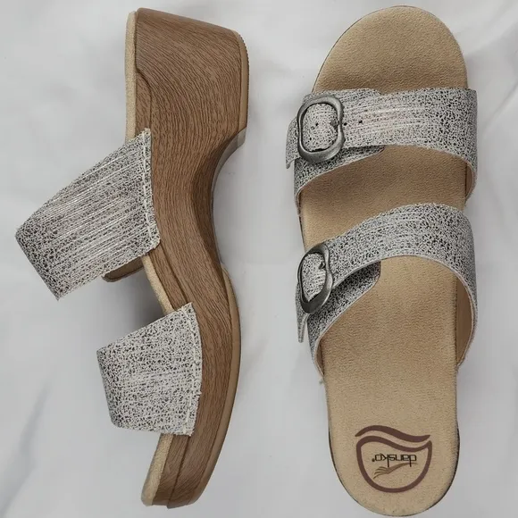 New Dansko Sophie Tan &amp; Metallic Grey Comfy Leather Slip On Clog Sandals Sz 9.5