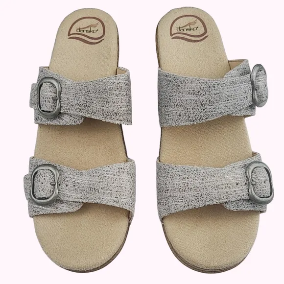 New Dansko Sophie Tan &amp; Metallic Grey Comfy Leather Slip On Clog Sandals Sz 9.5