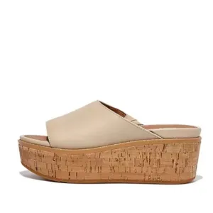 NEW FITFLOP Leather Eloise Cork Wrap Wedge Slide Sandals stone beige 563tn