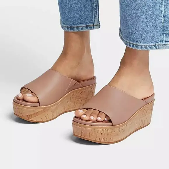 NEW FITFLOP Leather Eloise Cork Wrap Wedge Slide Sandals stone beige 563tn