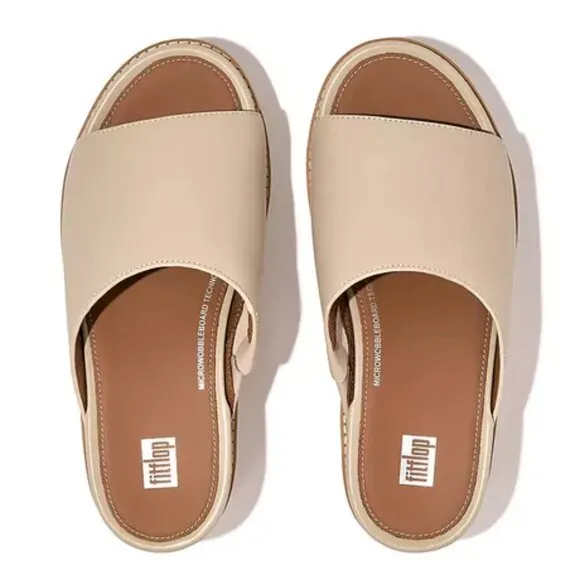 NEW FITFLOP Leather Eloise Cork Wrap Wedge Slide Sandals stone beige 563tn