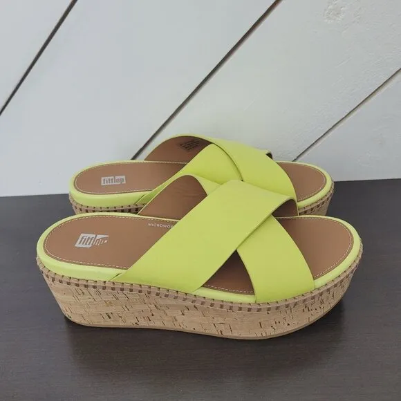 NEW FitFlop Wedge Cross Slides Women's 8 Eloise Leather Cork Platform     4PT