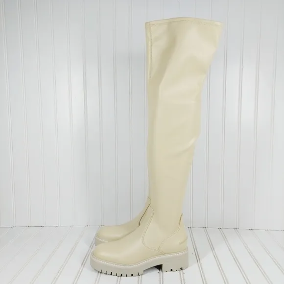 New Franco Sarto A-Fera Ivory Leather Block Heel Knee High Boots K402