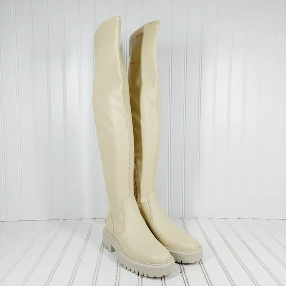 New Franco Sarto A-Fera Ivory Leather Block Heel Knee High Boots K402