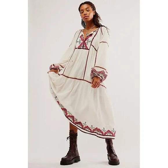 New FREE PEOPLE Sweet Escape Midi Dress $198 X-SMALL Ivory Boho Embroidered