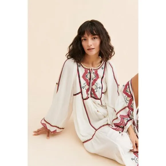 New FREE PEOPLE Sweet Escape Midi Dress $198 X-SMALL Ivory Boho Embroidered