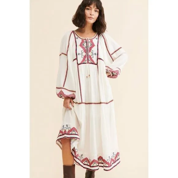New FREE PEOPLE Sweet Escape Midi Dress $198 X-SMALL Ivory Boho Embroidered