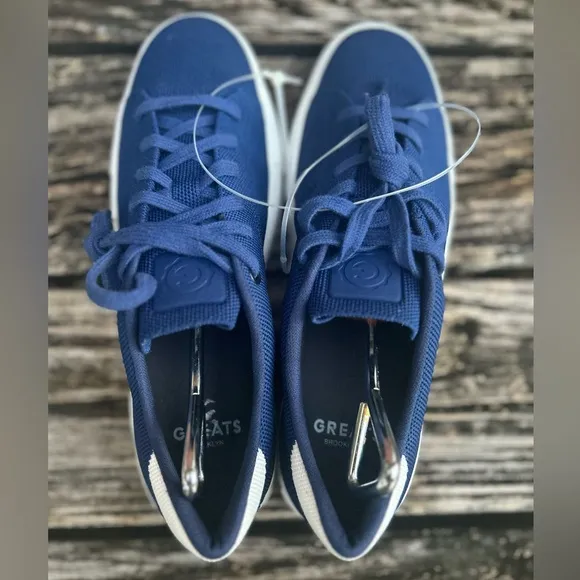 New GREATS Brooklyn Men's Royale Knit Lace Up Sneakers, Blue/White, 9 Medium US
