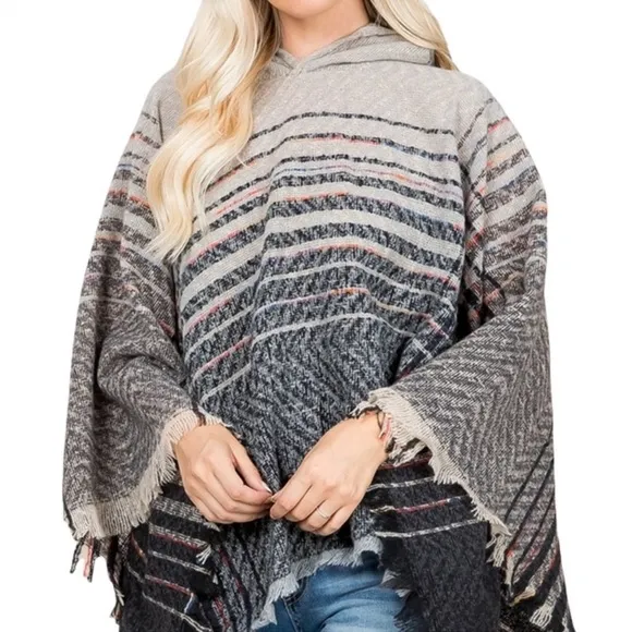 NEW Grey Striped Print Grey Soft Knit Hooded Poncho