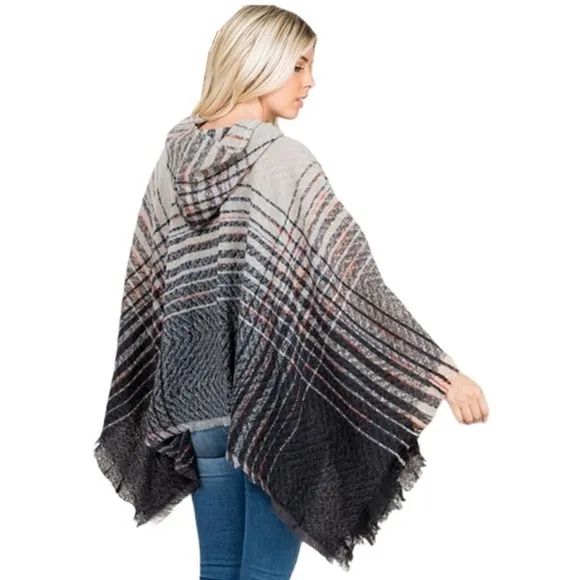 NEW Grey Striped Print Grey Soft Knit Hooded Poncho