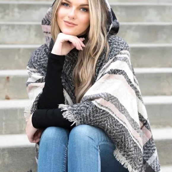 NEW Grey Striped Print Grey Soft Knit Hooded Poncho