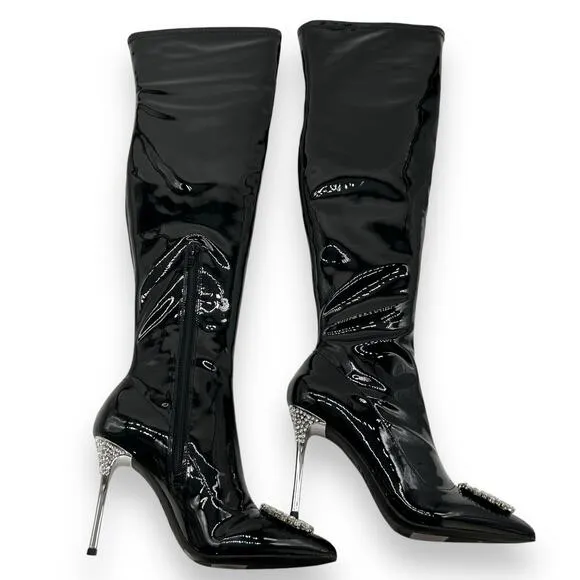 NEW INC International Concepts Patent Thigh High Stiletto Boots Size 7 Black