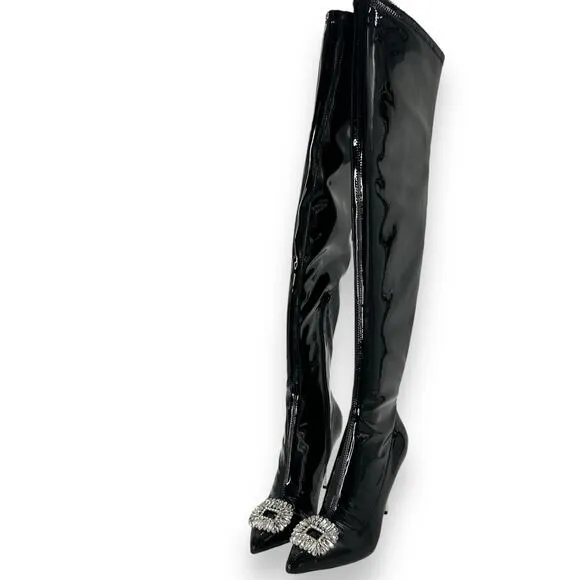 NEW INC International Concepts Patent Thigh High Stiletto Boots Size 7 Black