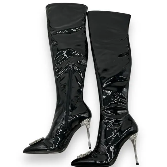NEW INC International Concepts Patent Thigh High Stiletto Boots Size 7 Black